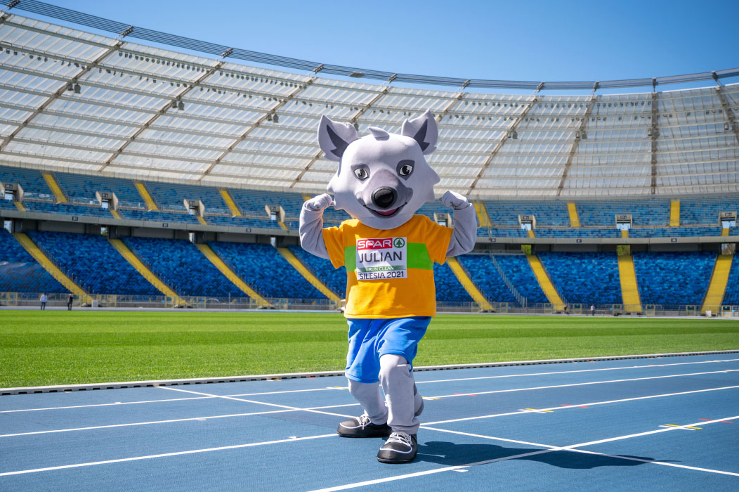 Na fotografii widnieje kostium reklamowy w postaci lemura pozujący do fotografii na płycie Stadionu Śląskiego